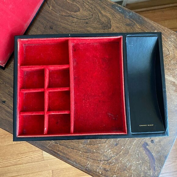 Vintage Dresser Caddy Faux Leather Box with Lid Red Flocked Velvet Valet - Picture 5 of 10
